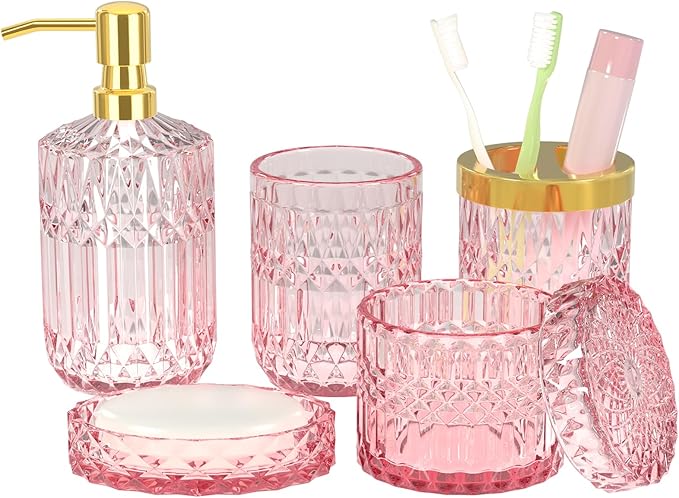 Pink Bathroom Accessories Set, 5Pcs Clear Glass Pink Bathroom Decor with Lotion Soap Dispenser, Soap Dish, Tumbler, Cotton Swab Jar, Toothbrush Holder for Bathrooms Set Modern Crystal Vintage Gift
