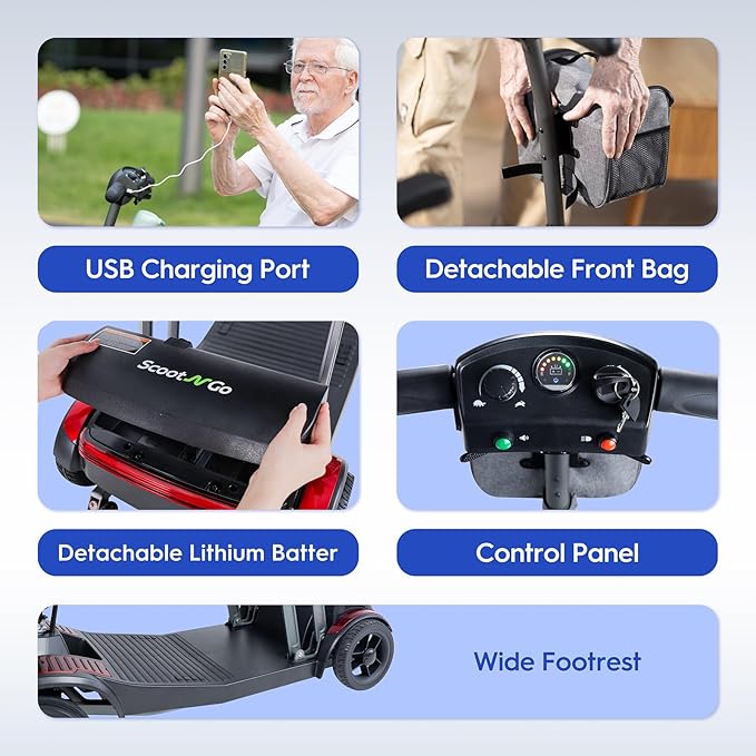 Mobility Scooters for Seniors & Adults Lightweight Foldable 15.53 Miles Airline Approved Removable Battery Powered Wheelchair with Detachable Front Bag & USB Charger Port