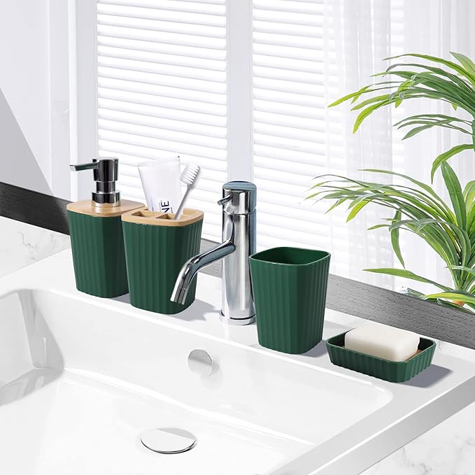 Dark Green Bathroom Set - Green Bathroom Accessories Set, 24PCS Bathroom Accessory Set with Shower Curtain, Bath Towels, Trash Can, Soap Dispenser, Green Bathroom Accessories for Home