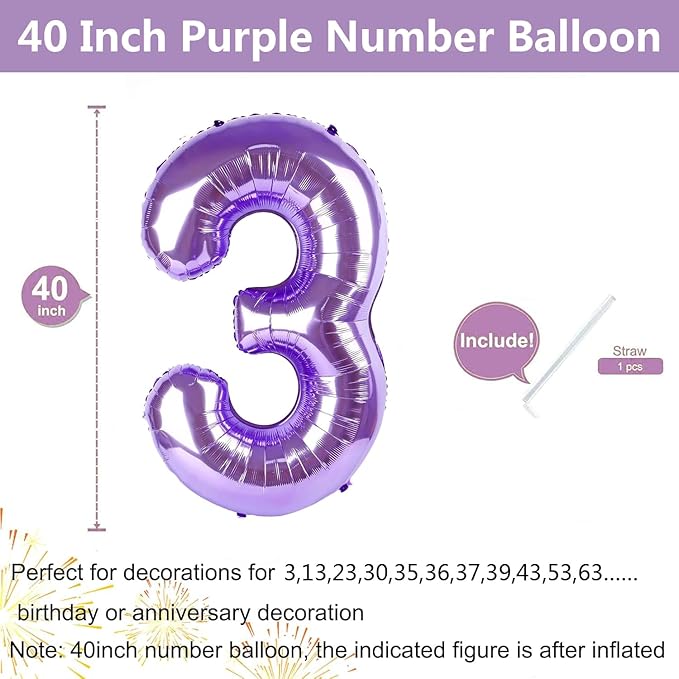 Purple Number Balloons, 40 Inch Purple Balloon 3.3 Helium Balloon 3th Birthday for 3 Years Birthday Decoration Children Girls Boys