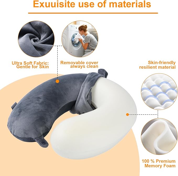 Travel Pillow,100% Pure Memory Foam U Shaped Neck Pillow,Super Lightweight Portable Headrest Great for Airplane, Car,Home,Office,Sleeping Rest (Grey)