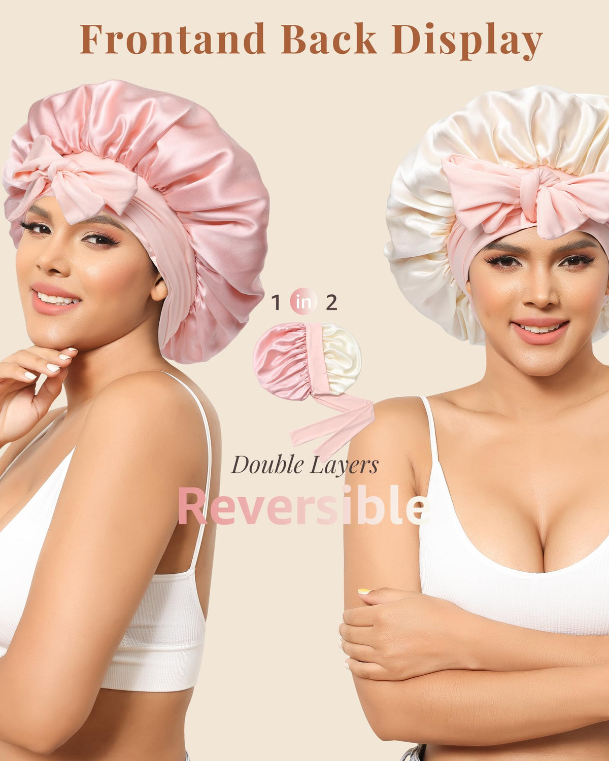 AWAYTR Silk Bonnet for Sleeping Women 100% Mulberry Silk Bonnet with Band 2 Layer Reversible Hair Bonnet Sleeping Hair Wrap (Pink/Beige)