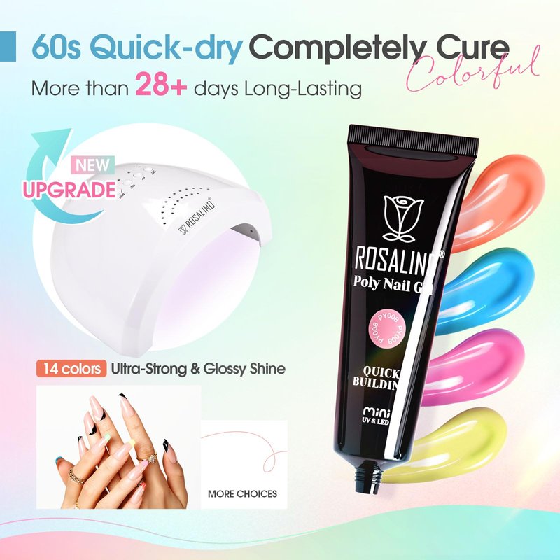 ROSALIND Poly Nail Gel Kit, 14 Colors Clear Nude Glitter Poly Nail Gels Kit with U V Light Poly Nails Gel Starter Kits For All Seasons Beginner DIY at Home