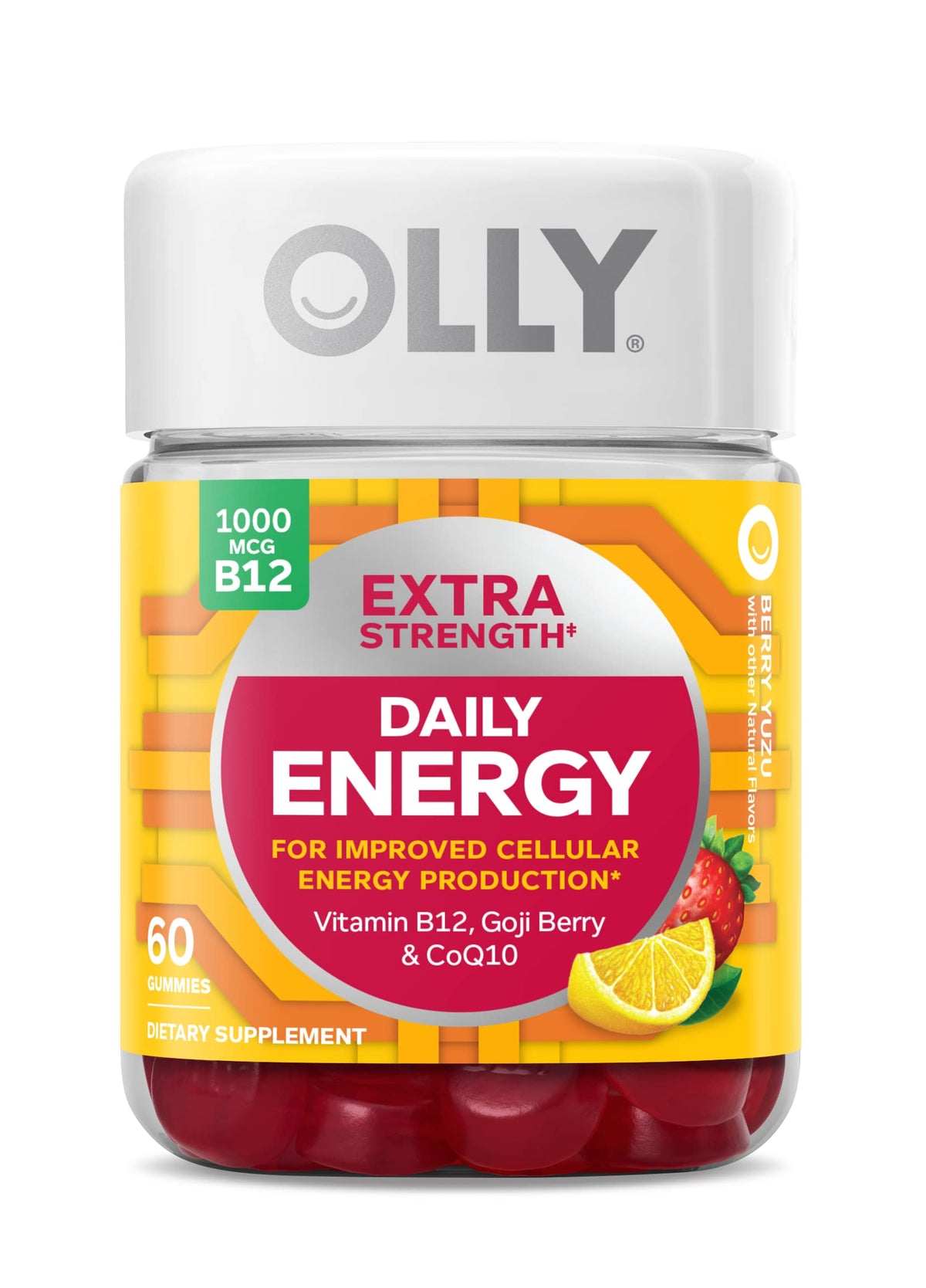 OLLY Extra Strength Daily Energy Gummy, Caffeine Free Cellular Energy Production,* 1000 mcg Vitamin B12, CoQ10, Goji Berry, Adult Chewable Supplement, Berry Yuzu Flavored, 30 Day Supply - 60 Count