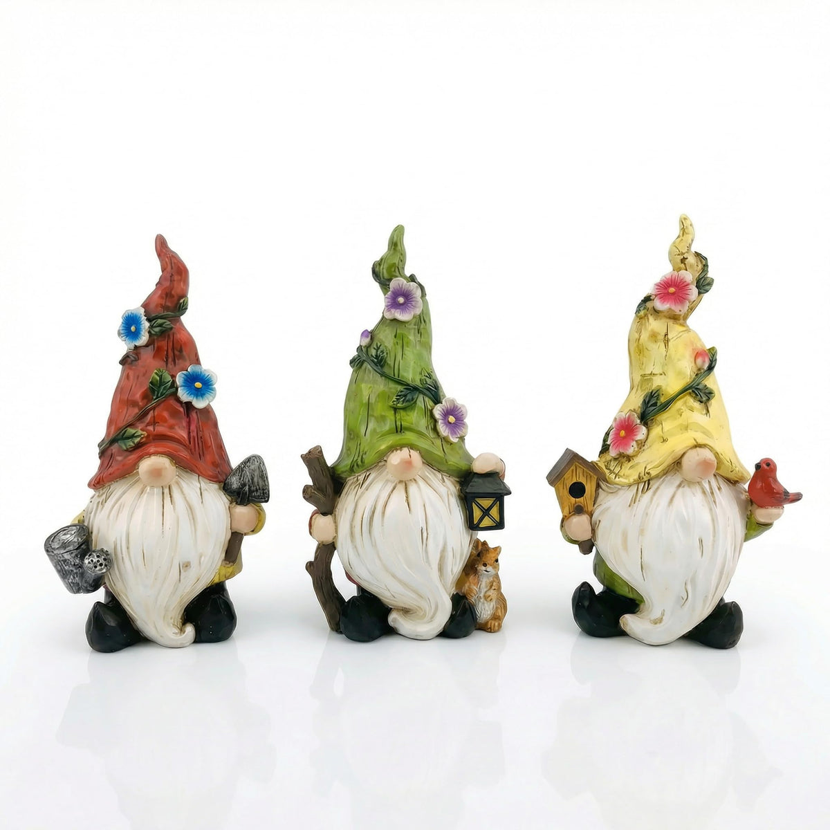 GoGnome 3-Pack Spring Garden Gnome Figurines, 6.5" Resin Decorative Gnomes with Lantern, Birdhouse & Watering Can, Indoor Outdoor Tabletop Home Yard Lawn Decor (Multicolor)