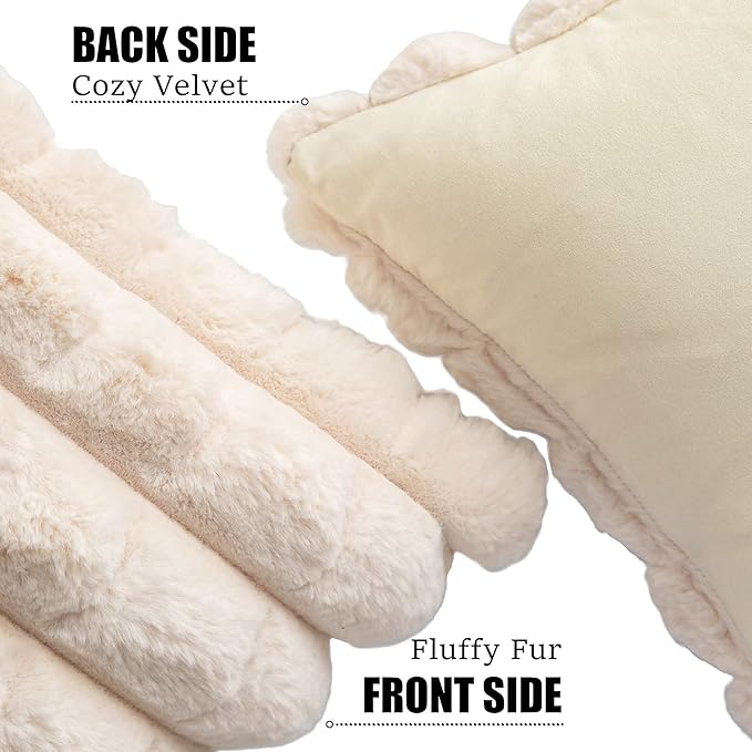 Neelvin Beige Faux Fur Cozy Soft Plaid Decorative Throw Pillow Covers 12x20 inch Set of 2,Velvet Pillowcase Cushion Case for Sofa Couch