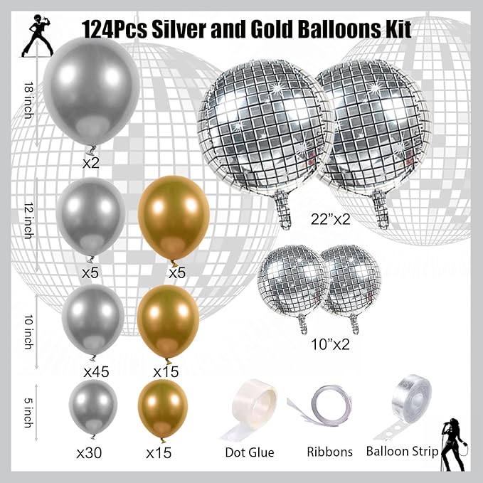 124Pcs Silver and Gold Garland Balloons Metallic Balloon Arch Kit Chrome Silver balloon Disco Ball decorations for Disco Party 60th Birthday Graduation NYE 2026 New Year Party
