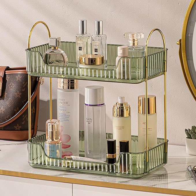 Aveniee Bathroom Counter Organizer, 2 Tier Perfume Skin Care Countertop Storage Shelf, Vanity Makeup Tray for Cosmetic Skincare Lotion,Green