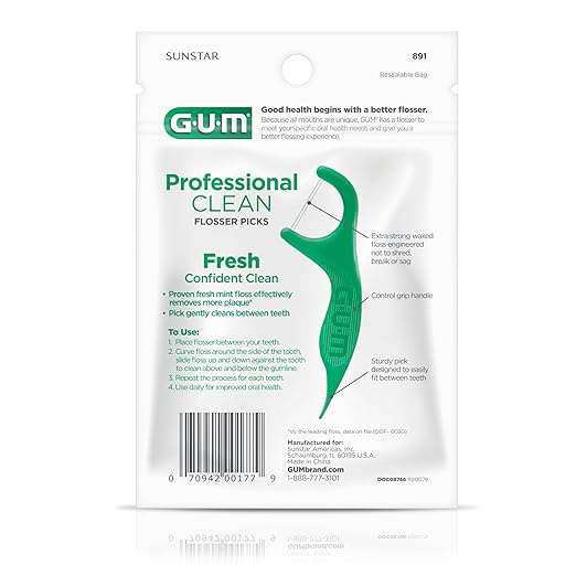 GUM Professional Clean Floss Picks - Extra Strong Shred-Resistant Floss, Easy Grip Handle - Dental Flossers for Adults - Fresh Mint Flavor, 90ct (Pack of 2)