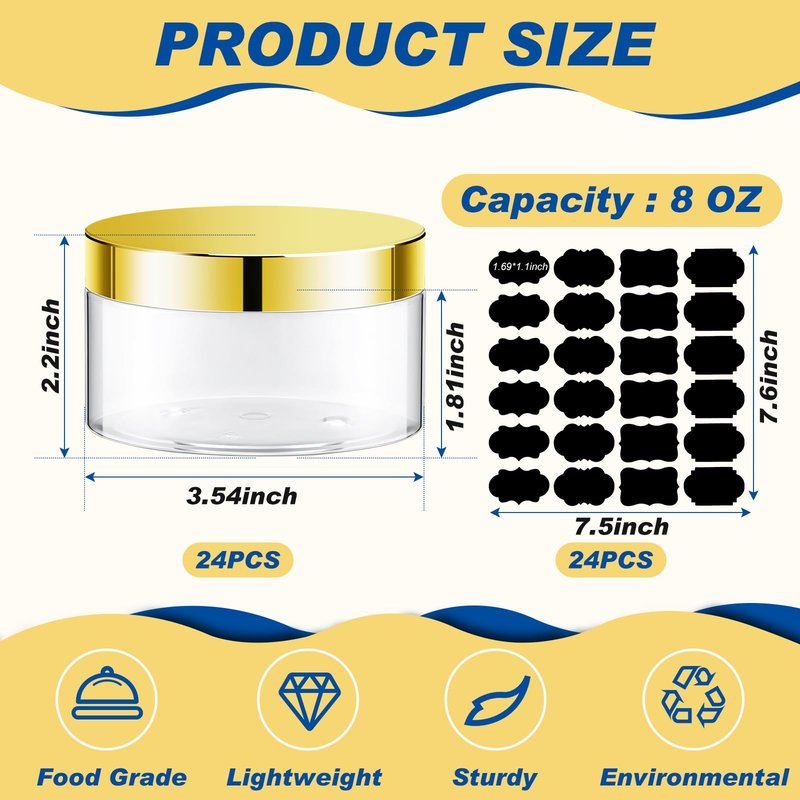 Dandat 24 Pcs 8 oz Plastic Jar Container with Gold Lid and Label Refillable Empty Round Clear PET Cosmetic Sample Slime Containers for Lotion, Cream, Ointments, Body Butter, Makeup Travel Storage