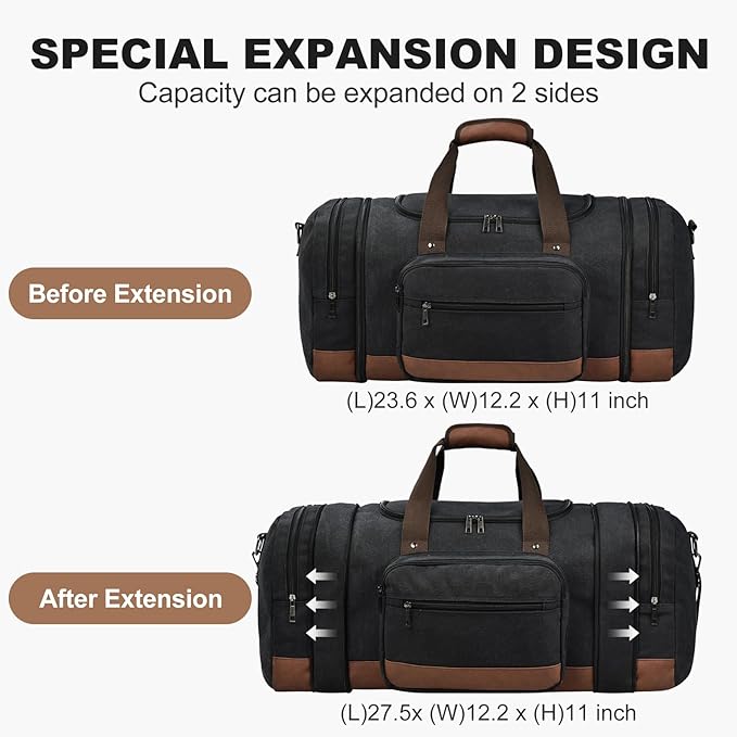 Litvyak Duffle Bag for Travel, Large 60L Canvas Travel Duffel Bags Overnight Weekend Gym Carry On Luggage Bag for Men & Women(Black)