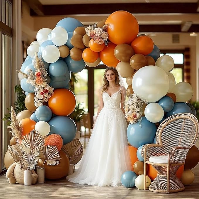 Blue Orange Balloon Garland Double Stuffed Dusty Blue Brown Nude Balloons Pearl White Sand Balloon Arch Kit for Birthday Baby Shower Bridal Wedding Gender Reveal Graduation Party Decorations