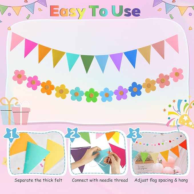 4 Pcs Rainbow Tassel Garland Colorful Pom Pom Garland 9.8 Feet Boho Felt Fabric Tassel Banner Set, Pastel Wall Door Hanging Decor for Classroom Birthday Party Kids Bedroom School