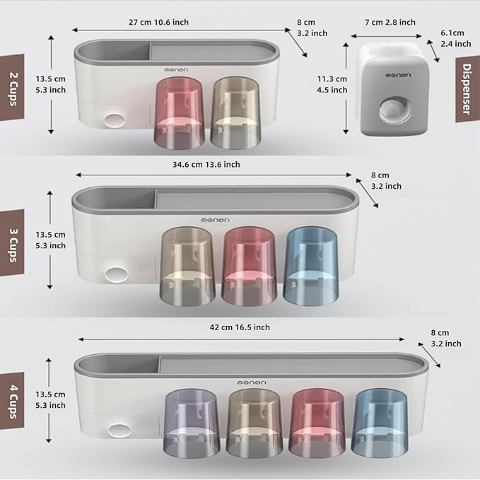 No-Drill Wall Mounted Toothbrush Holder, Bathroom Shelf, with 1 Automatic Toothpaste Dispenser 4 Brush Hooks Cups 1 Cosmetic Drawer Organizer and Large Storage (1 Dispenser + 2 Cups)