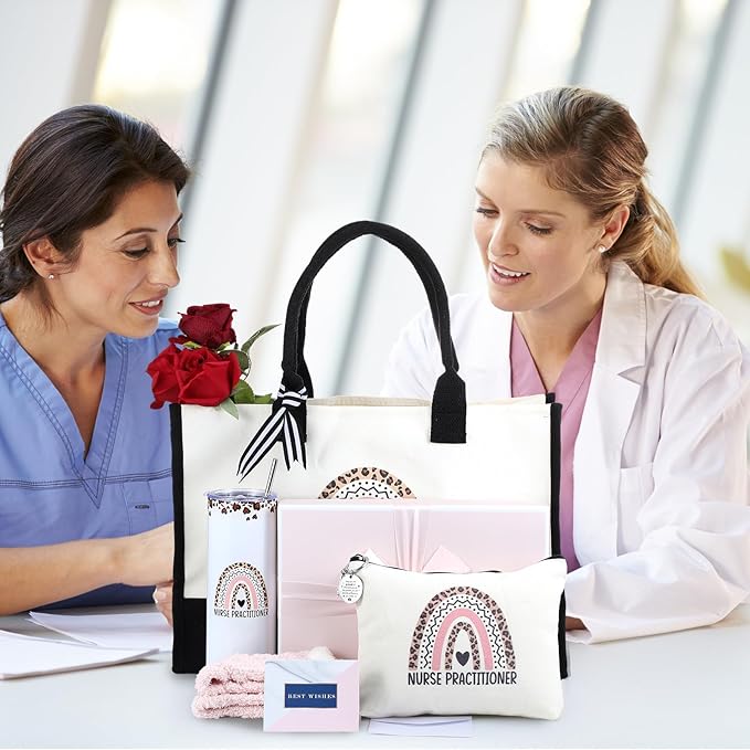 Geiserailie 8 Pcs Christmas Nurse Practitioner Gifts for Women Including Large Tote Bag Cosmetic Bags Tumbler Cup Plush Socks Metal Keychain Card and Envelope for Nurse Practitioner Thank You Gifts