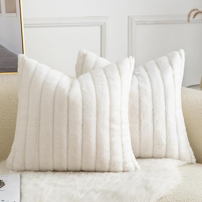 Pack of 2 Faux Fur Throw Pillow Covers 20x20 Inch Striped Decorative Soft Plush Couch Pillow Case Home Decor for Bed, Sofa, Living Room Cream White