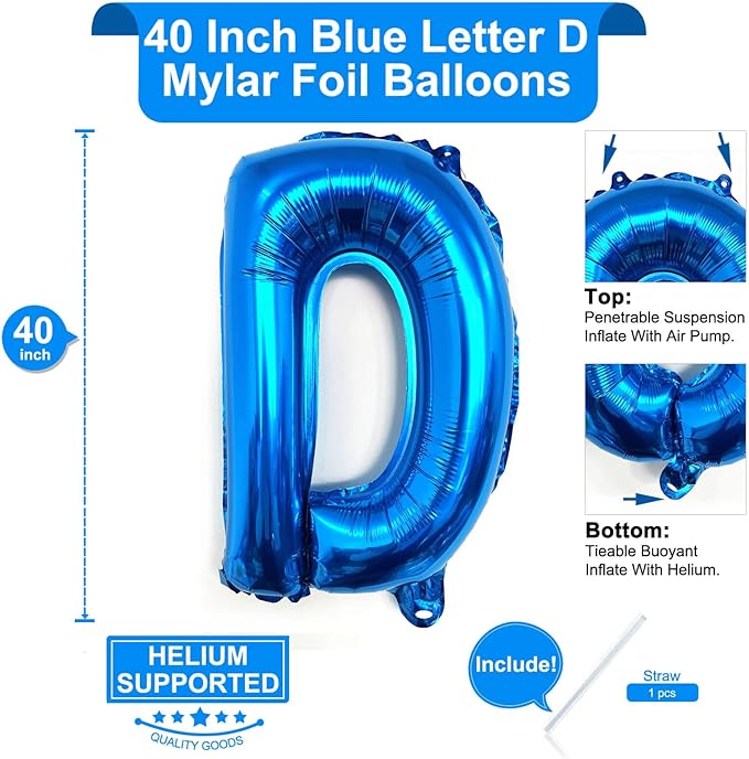Lovoir 40 Inch Large Blue Letter D Balloons Big Size Jumbo Mylar Foil Helium Balloon for Birthday Party Celebration Decorations Alphabet Blue D