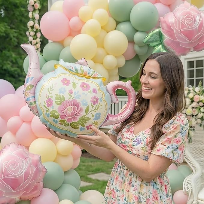 Green and Pink Balloon Garland 138Pcs Pastel Green Pink and Purple Balloons Arch Kit with Teapot Foil Balloon for Spring Tea Party Lets Partea Baby Shower Happy Easter Birthday Party Decorations