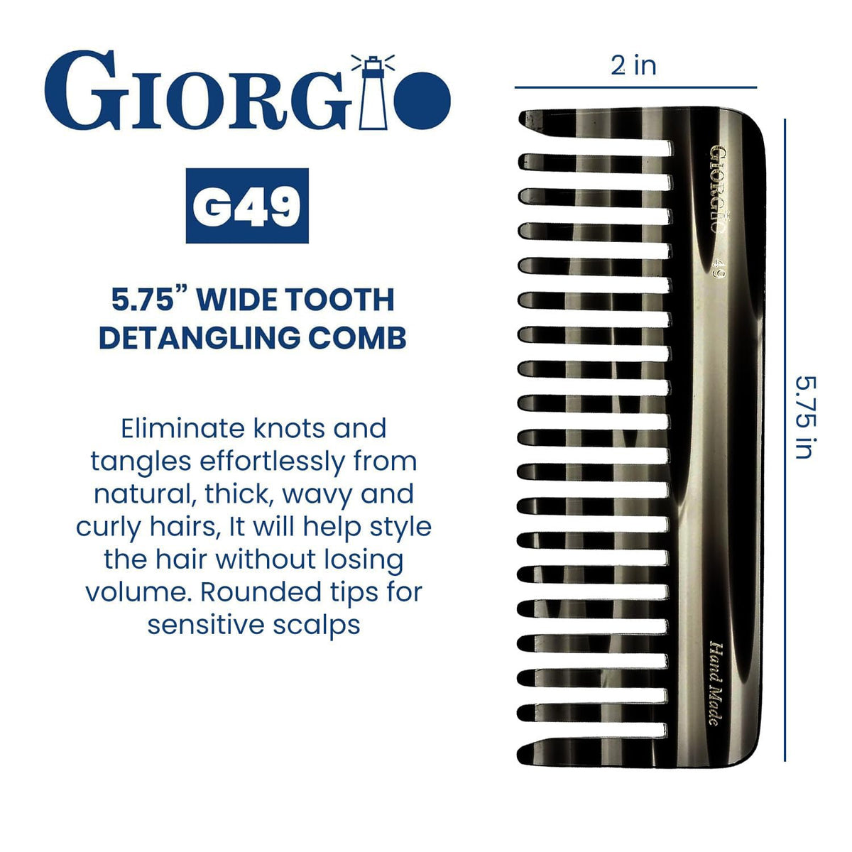 Giorgio G49 Graphite Large 5.75 Inch Hair Detangling Comb, Wide Teeth for Thick Curly Wavy Hair. Long Hairs Detangler Comb For Wet and Dry. Handmade of Quality Cellulose, Saw-Cut, Hand Polished