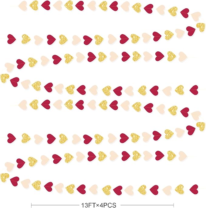 Maroon Gold Party Decorations Burgundy Beige Glitter Gold Paper Love Heart Hanging Banner Garland Streamer for Birthday Wedding Anniversary Engagement Valentines Day Graduation Garnet Party Supplies