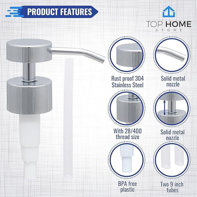 Elegant Flat Top Stainless Steel Soap and Lotion Dispenser Pumps (Chrome, 4 Pack)