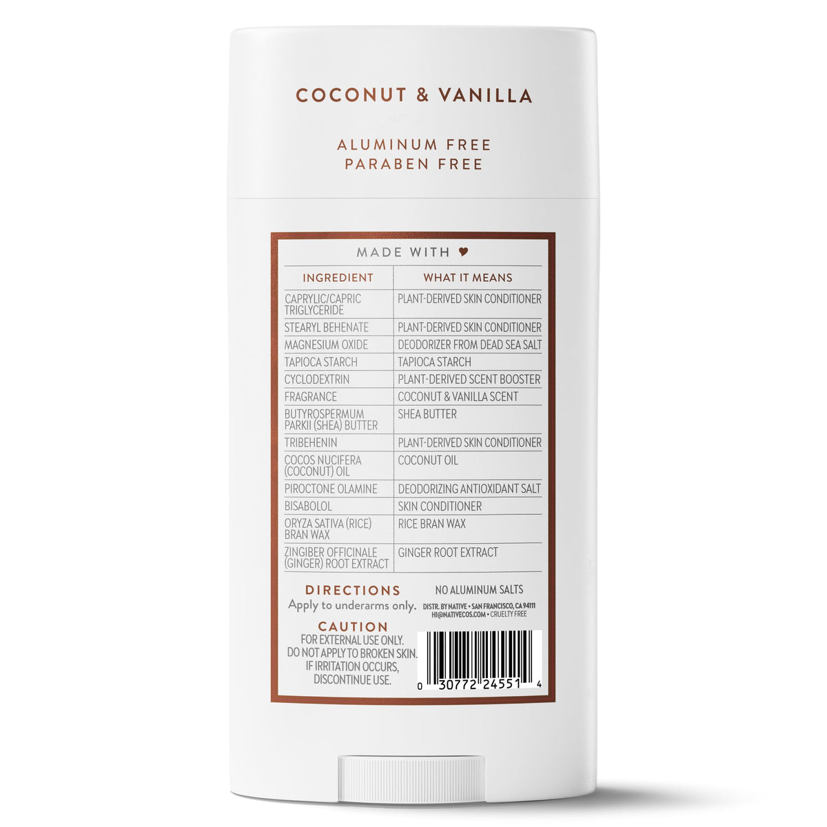 Native Aluminum Free Deodorant, Coconut & Vanilla, Large Size Stick, 72 Hour Odor Control, for Women & Men, Contains Naturally Derived Ingredients, 3.1 oz