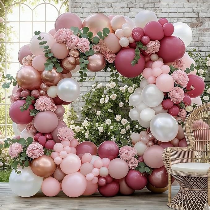 Dusty Rose Balloon Garland Double Stuffed Dusty Pink Mauve Pearl White Balloons Light Pink Cream Boho Balloon Arch Kit for Mother's Day Birthday Baby Shower Bridal Engagement Party Decorations