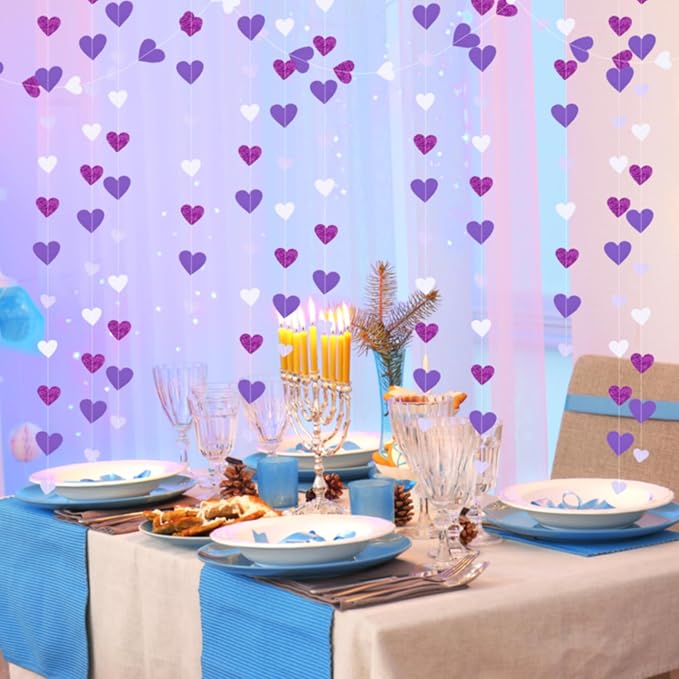 10 Pack 130ft Purple Lavender White Holographic Heart Party Garland Asymmetrical Love Hanging Banners for Birthday Wedding Baby Bridal Shower Engagement Bachelorette Graduation Decorations
