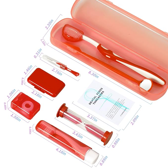Annhua Braces Cleaning Kit Orthodontic Care Kit 8 Pack, Portable Tooth Cleaning Tools Family Oral Care Hygiene Set with Interdental Brush, Ortho Wax, Floss, Oral Mirror - Red