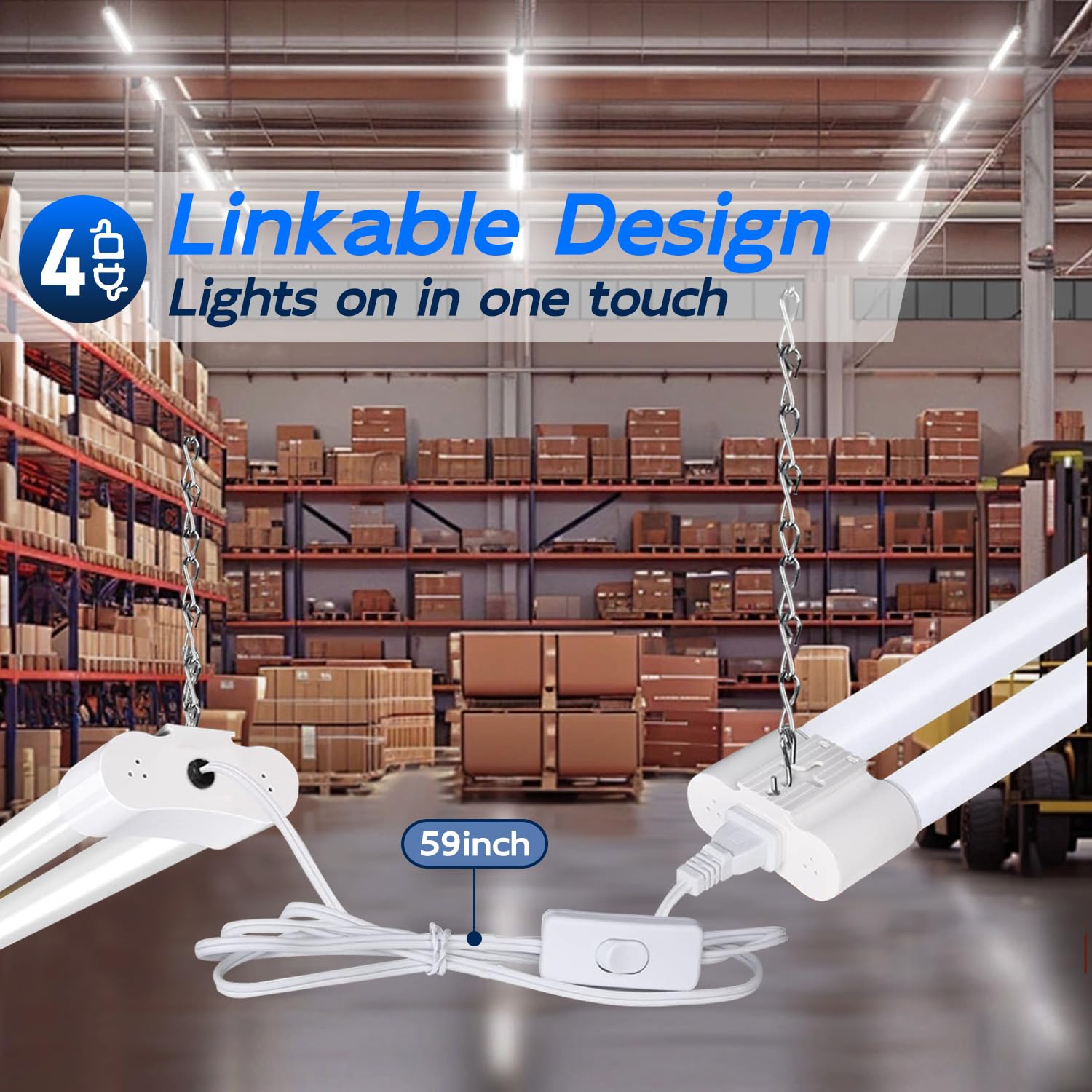 hykolity 4 Pack Linkable LED Shop Light, 4FT 42W [250W Equivalent], 4400lm, 5000K Daylight, with Plug, Utility Light Fixture, Hanging or Surface Mount, White