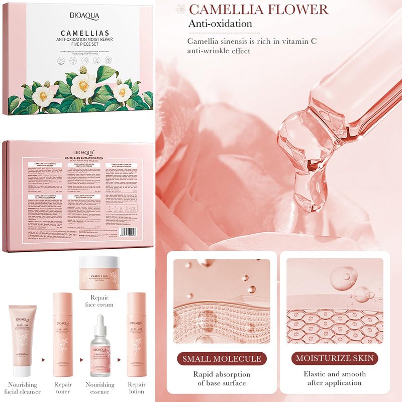 BIOAQUA Camellias Anti-Oxidation Moist Repair Toner Essence Face Cream Cleanser Lotion Camelia Flower Extract Serum Nourishing Emollient Moisturizing Skin Gift Box 100ml+30ml+50g+80g+100ml 5PCS Set