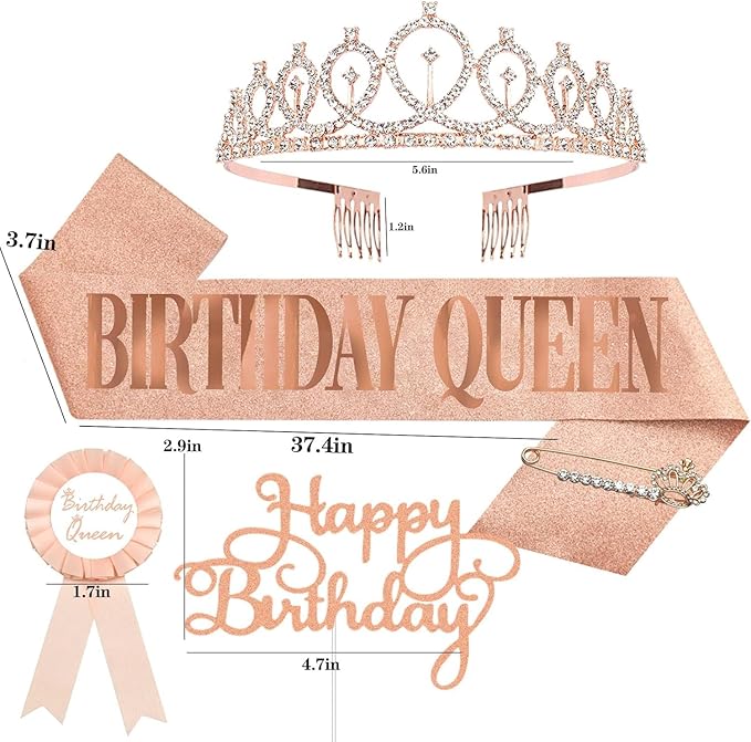 Birthday Decorations for Women – Includes Birthday Sash, Safety Pin, Tiara, Cake Topper, and Button – Queen Sash & Crown for Women and Girls MS4U (Gold Rose)