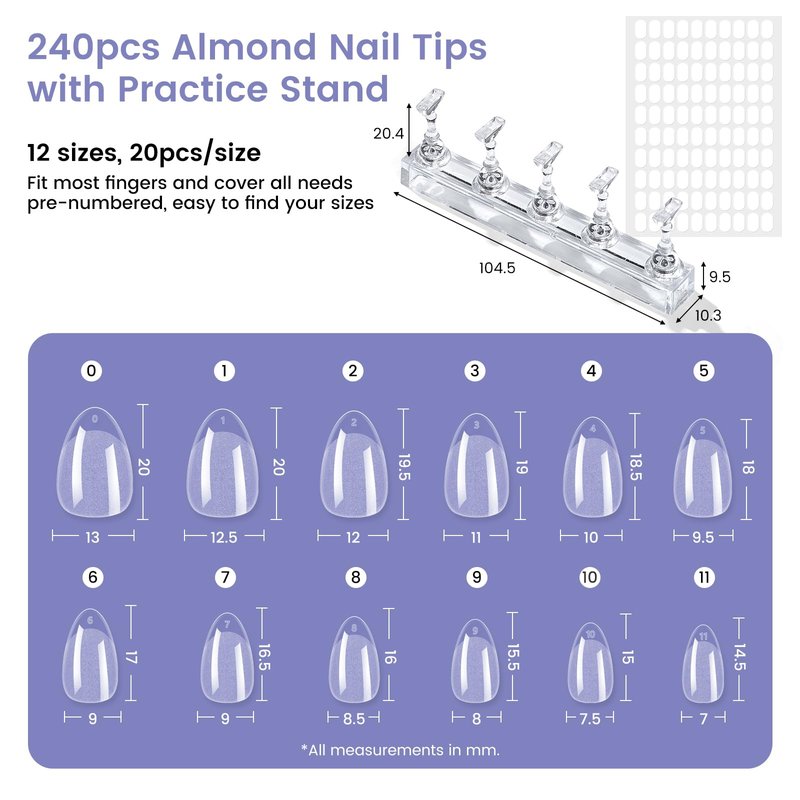 Extra Short Almond Nail Tips: 240Pcs Small Almond Shape Soft Gel Fake Nail Tips with Nail Stand, 12 Sizes Full Cover Clear Press on Nails for Girls for Home DIY Salon