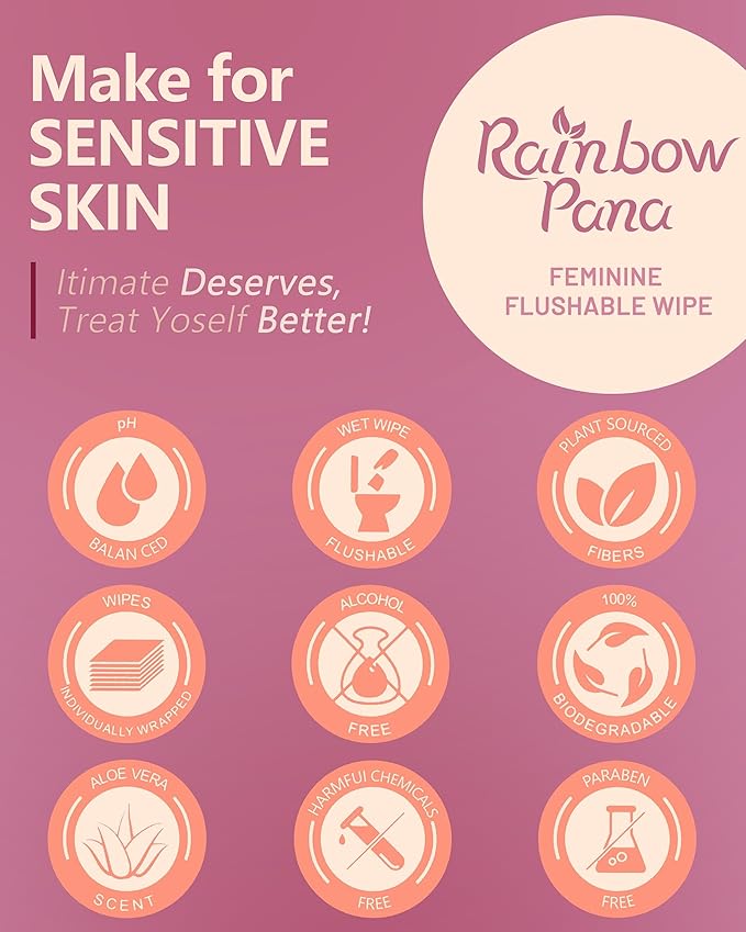 RainbowPana Feminine Wipes, 40 Count ON-THE-GO Individually Wrapped | Flushable Wipes, Travel Wipes for Women, Pre/Post-Intimacy Cleansing | Aloe, Portulaca, Vitamin E | pH Balanced, Biodegradable