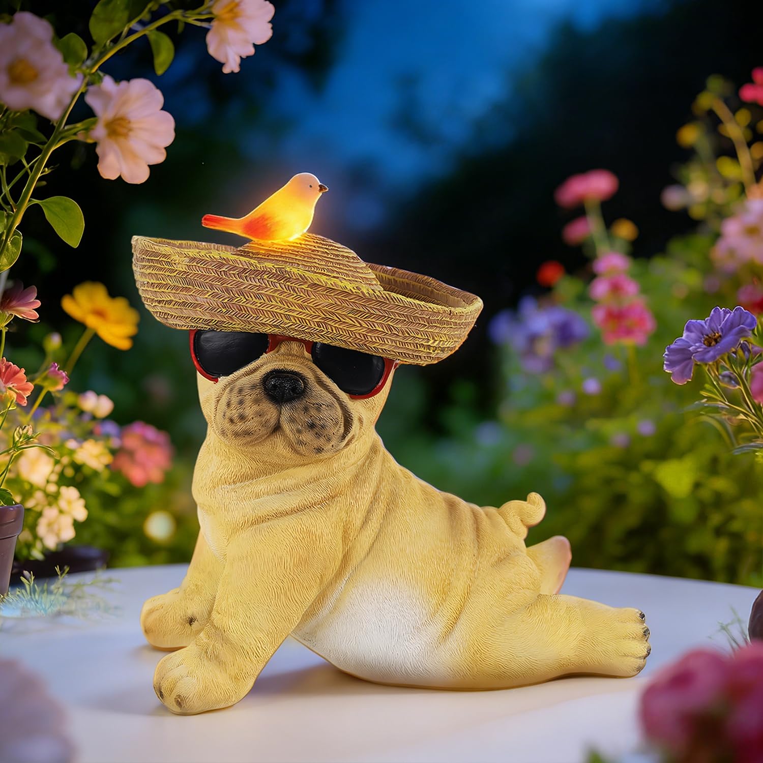 Glintoper Solar Garden Statue Dog Figurine, 8.7" Outdoor Resin Puppy Whimsical Lawn Porch Yard Art, Birthday Mothers Day Ideal Gifts, Lighted Shar Pei Ornaments for Patio Pathway Yard Decoration ﻿