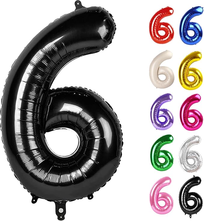 Black Number 6 Balloon 40 Inch, 6 Balloon Number, 6th Birthday Decorations, Black Party Supplies for Boys Girls