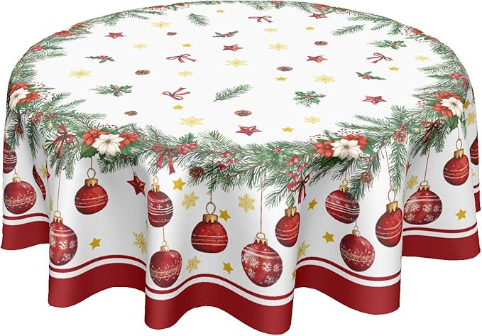 Christmas Round Tablecloth 60 Inch Xmas Bells and Snowflake Pattern Table Cloth Circle Winter Holiday Table Cover Washable Polyester Indoor Decor for Home Kitchen Dinning Party