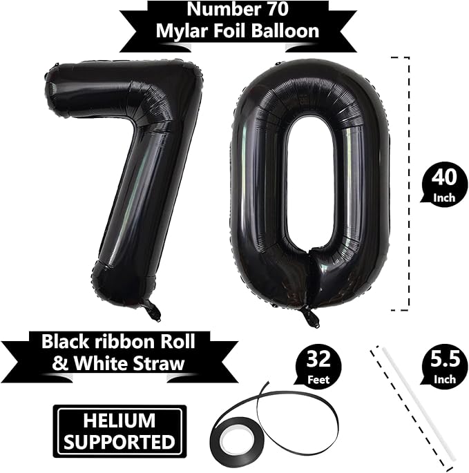 Number Balloons Black Party Balloon - Giant Number 10 Balloon, 40 Inch Large Balloon for Birthday Decorations, Black Party Supplies for Men Women