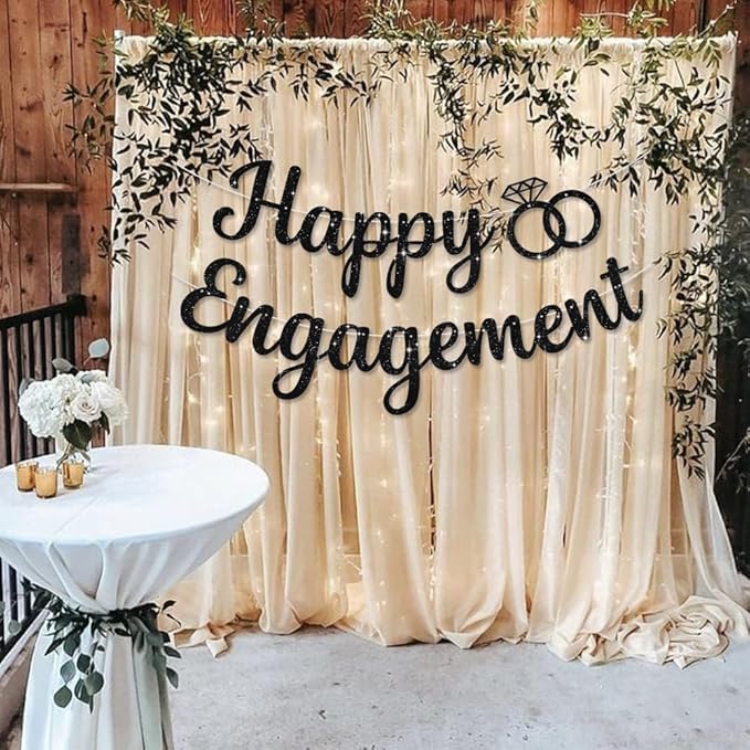 BEISHIDA Glitter Happy Engagement Banner-No DIY, Engagement Party Decorations, wedding Banners（Black）