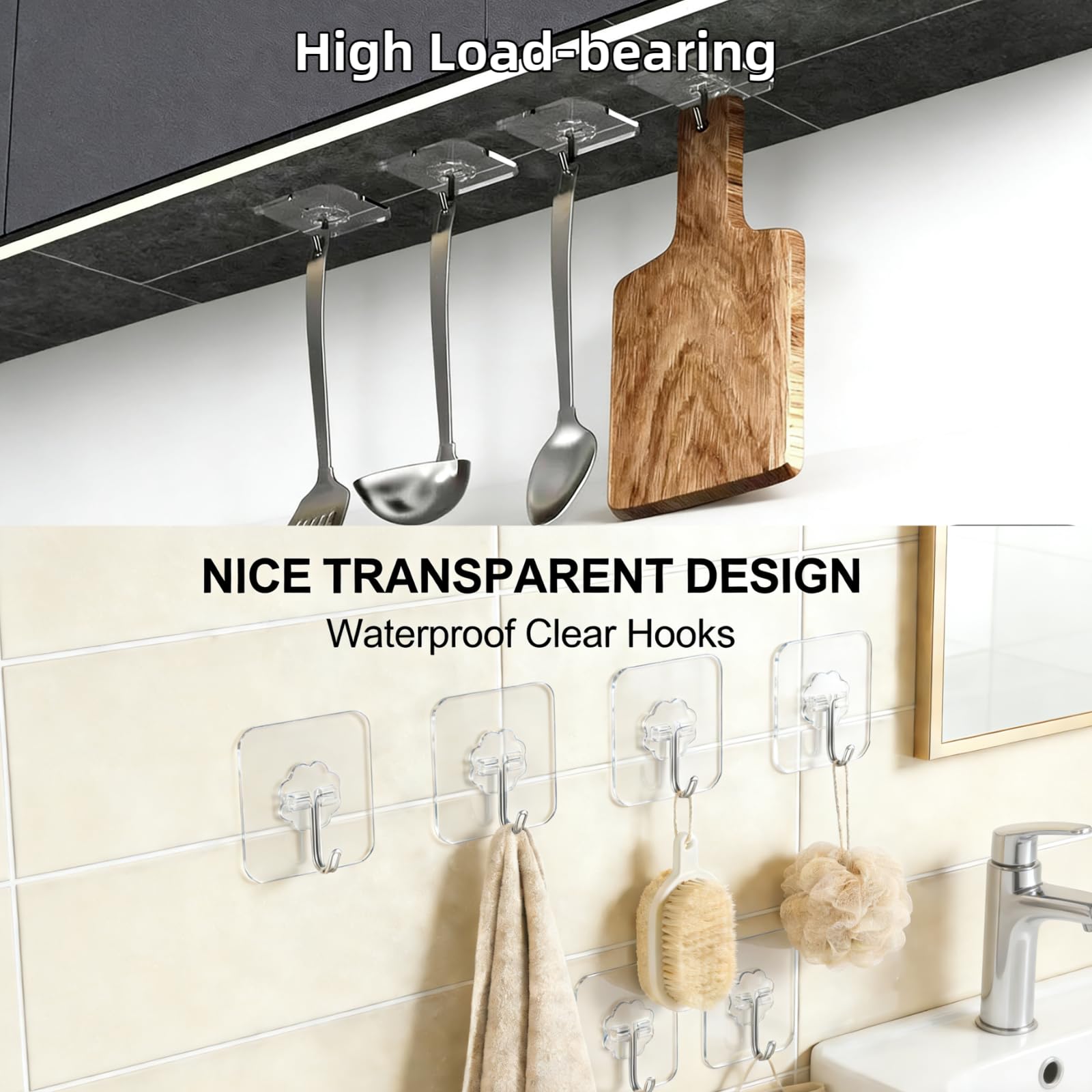 DDMY Hooks for Hanging, 50 Pack Wall Hooks 50lb(Max) Transparent Reusable Waterproof Adhesive Hook for Kitchen Curtain, Towel Hook for Bathrooms, Heavy Duty Self Coat Hook for Walls No Damage
