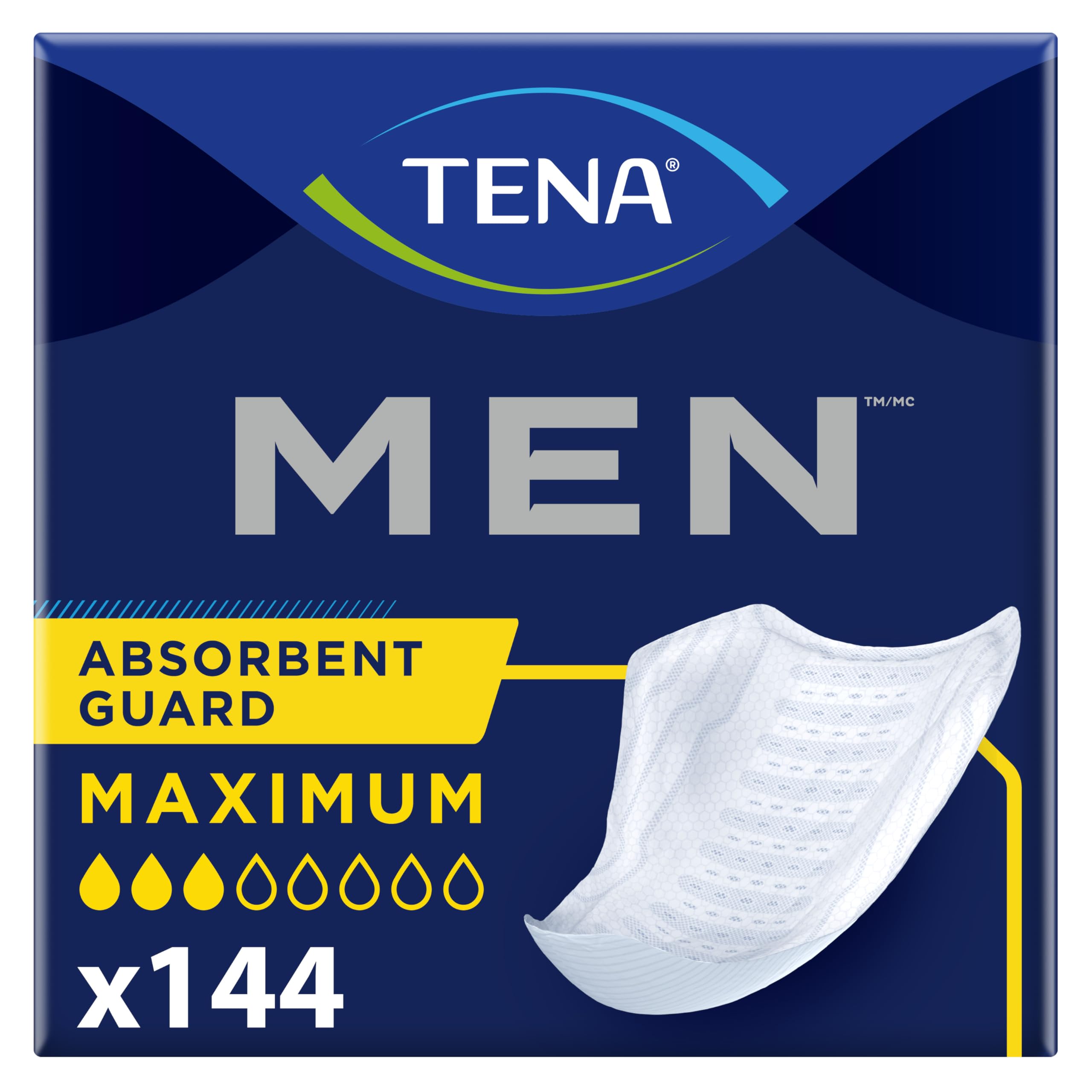 TENA Men Incontinence Guards for Men, Men's Pads, Bladder Control, Maximum Absorbency, 144 Count