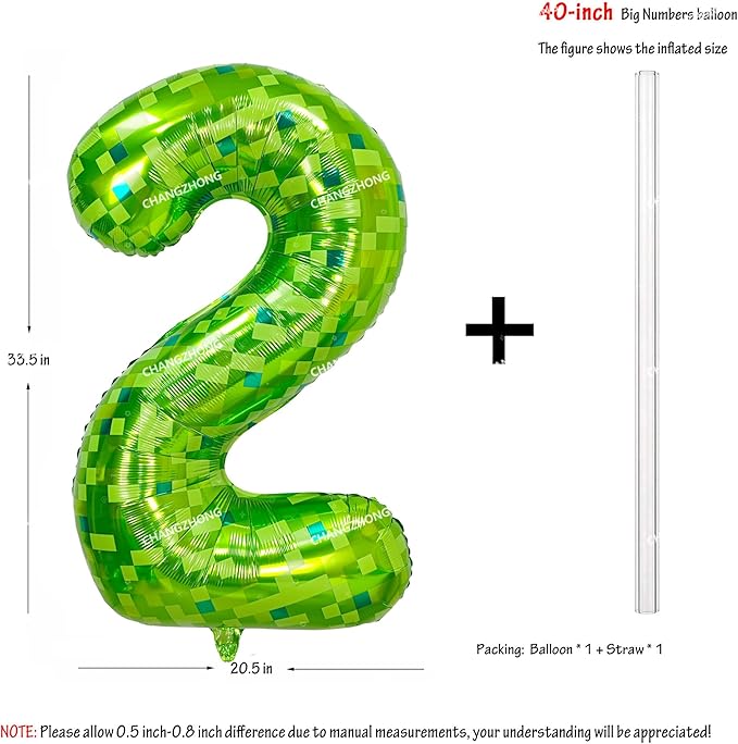 40 inch giant Green pixel miner game number 2 balloon Large mining theme foil balloon 0-9 Suitable for pixel game parties children's birthdays party anniversary celebrations baby shower decoration