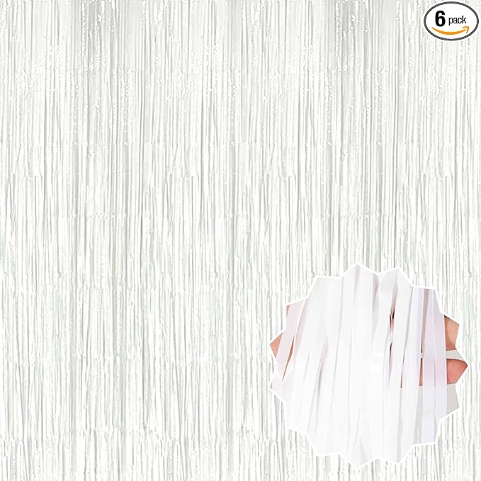 6 Pack Macaron White Foil Fringe Curtains Backdrop, 3.28 x 8.2 Ft Metallic Streamers Tinsel Curtains Background for Photo Booth, Birthday, Christmas, Halloween, New Year Party Decorations