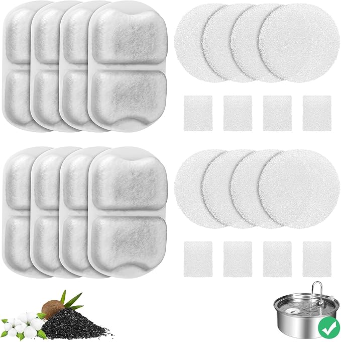 8-Pack Dog Water Fountain Filter Replacement for 7L/230oz/1.8G Stainless Steel Dog Fountain Super Quiet with Triple Filtration for Large Cats Multi-Pet Home (8 Set Filters for 7L Pet Fountain)