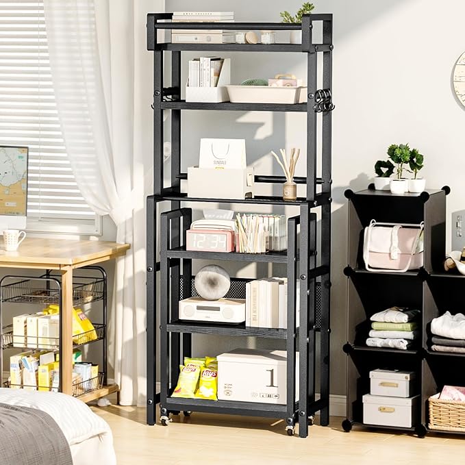 Recaceik 6-Tier Over The Toilet Storage Shelf with Cart, Freestanding Above Toilet Shelf Rack, Farmhouse Bathroom Organizer Shelves, Space Saver (Black)