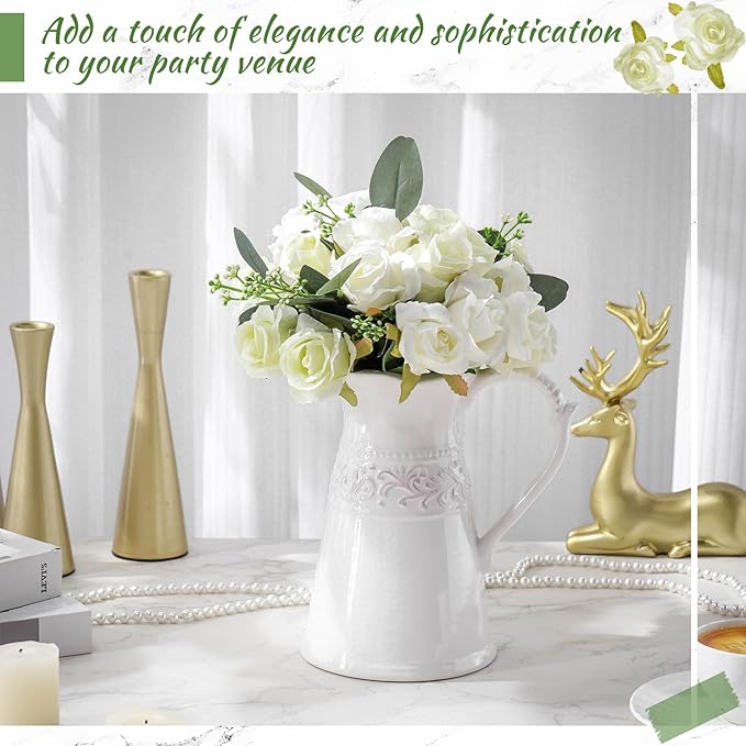 Zeyune 12 Bunches Wedding Bridesmaids Bouquets 144 Heads 7 Inch Artificial Rose Bouquets Silk Fake Flower Bulk with Stems for Valentine's Day Wedding Bridal Shower Home Party Decor(White Green)
