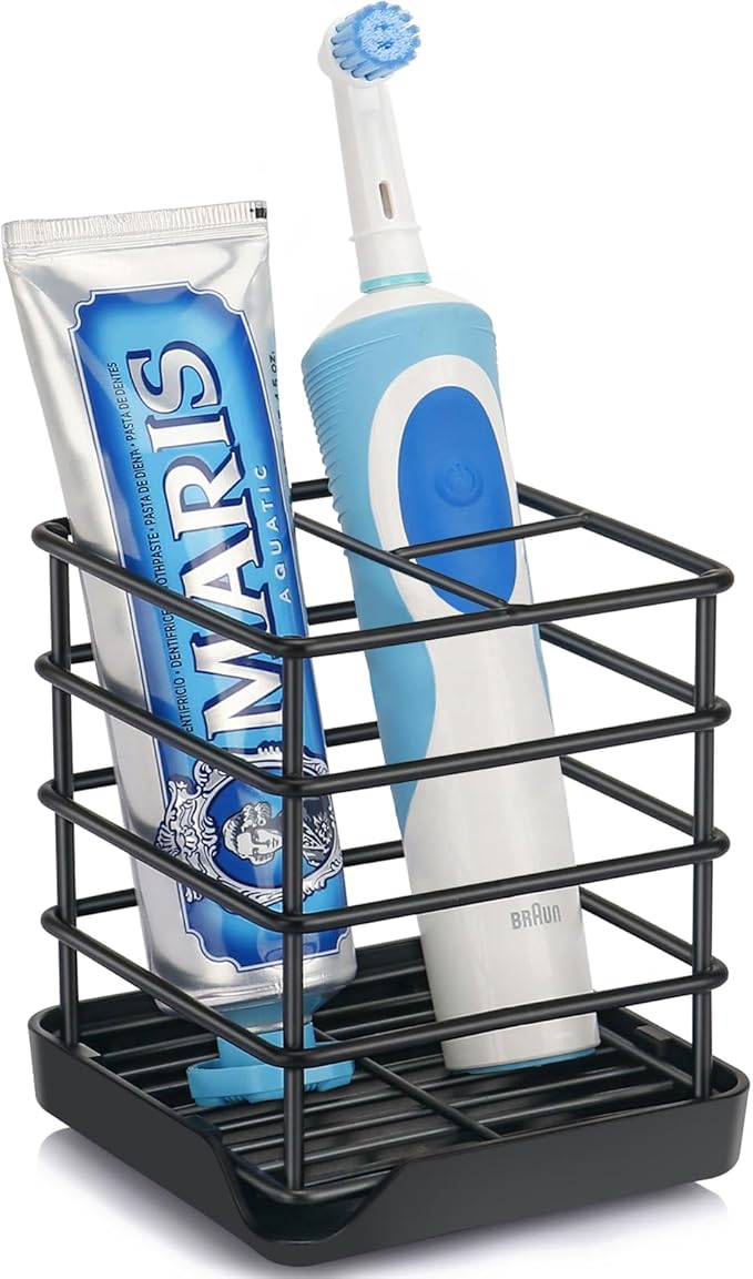 Toothbrush Holders for Bathrooms, Stainless Steel Bathroom Toothbrush Holder Kids Electric Tooth Brushing Holder Stand and Toothpaste Holder for Bathroom Accessories Organizer with Tray, Black (Small)