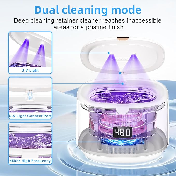 Ultrasonic Retainer Cleaner, Sonic Dental Cleaning Pod, Portable 30W/45kHz Machine for Dentures, Aligners, Braces, Mouth Guards, Jewelry (White)