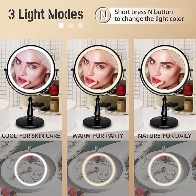 9 "Large Light Makeup Mirror, 1x / 10x True HD Magnifying Mirror, 3-Color LED Light dimmable, 2 Rechargeable Makeup Mirrors 360° Rotation, Standing Desk Makeup Mirror, Black