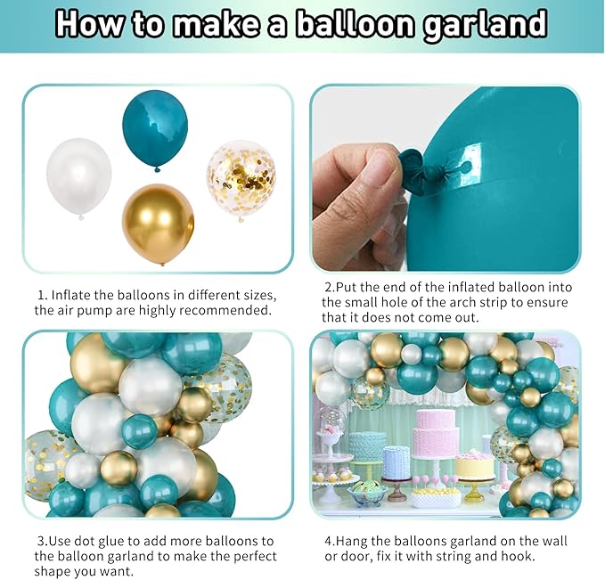 Matte Turquoise Blue Pearl White Balloons Garland Arch Kit Metallic Gold Balloon with Gold Confetti Latex Balloon Teal Blue Balloons Chrome Gold Party Decorations Supplies Birthday Baby Shower